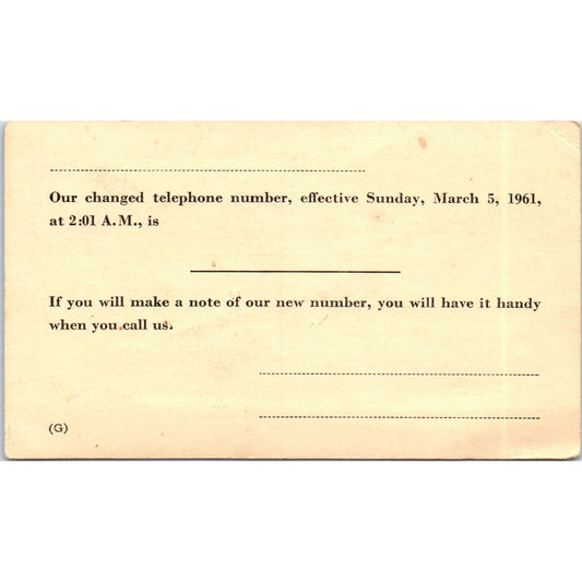 1961 Postal Mailing Card - Changed Telephone Number - Blank PE2