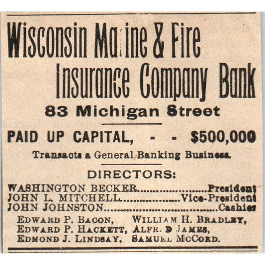 Wisconsin Maine & Fire Washington Becker Milwaukee 1898 Newspaper Clip AF7-SS9