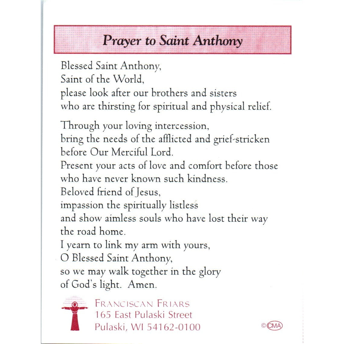 Prayer to St Anthony Franciscan Friars Pulaski WI Vintage Prayer Card TH2-PC1