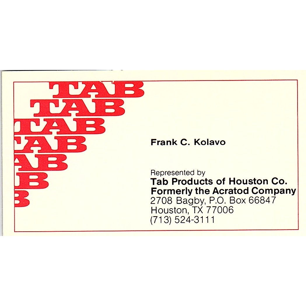 Frank C Kolavo Tab Products of Houston Vintage Business Card SD9-B6
