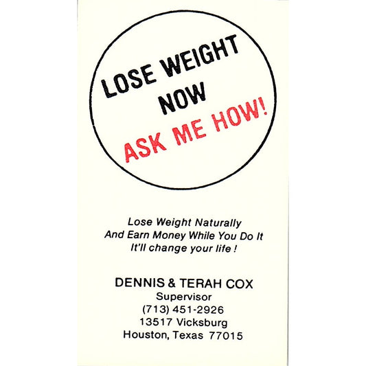 Lose Weight Now Dennis & Terah Cox  Houston TX Vintage Business Card SB4-B8