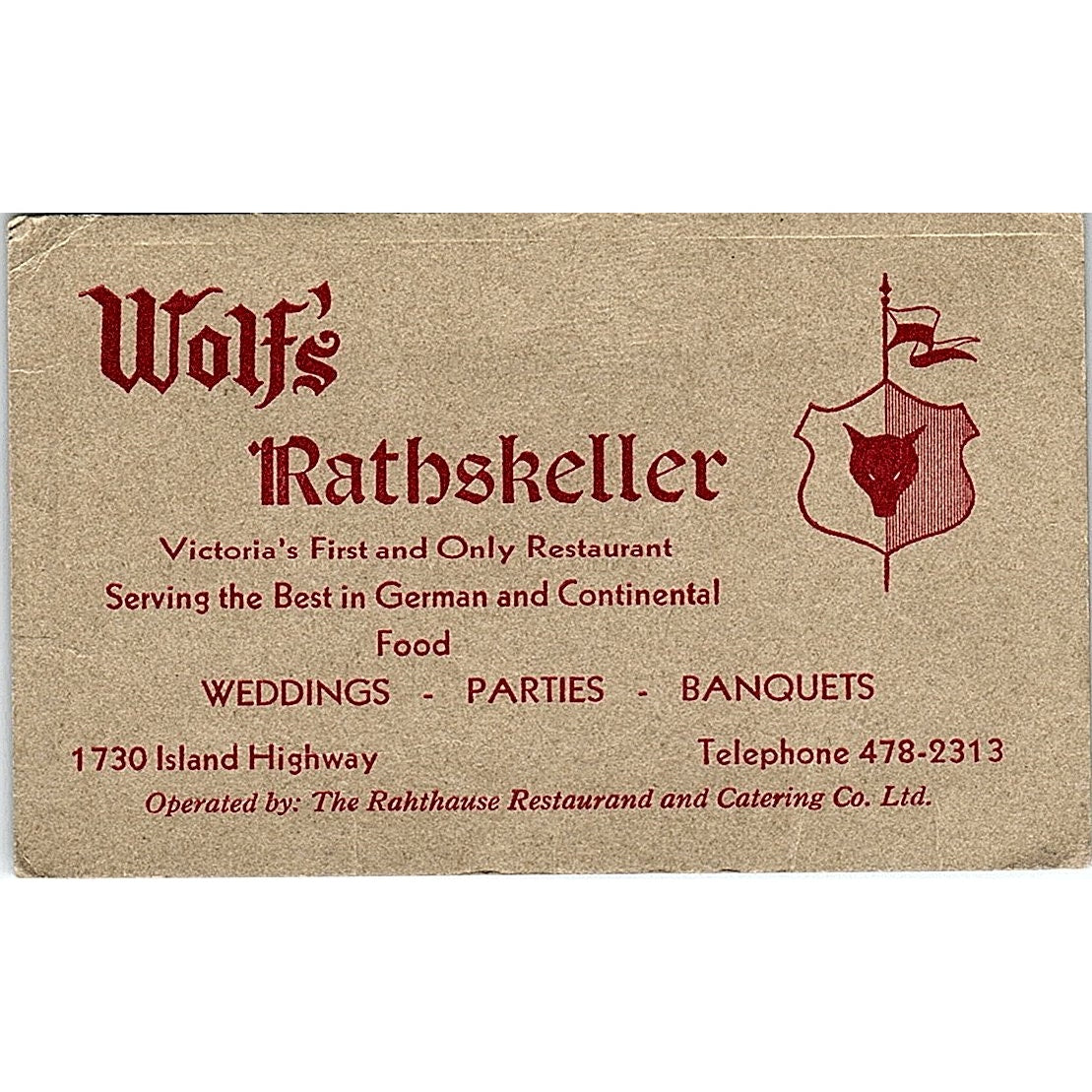 Wolf's Rathskeller 1730 Island Highway Victoria BC Vintage Business Card TH2-B1