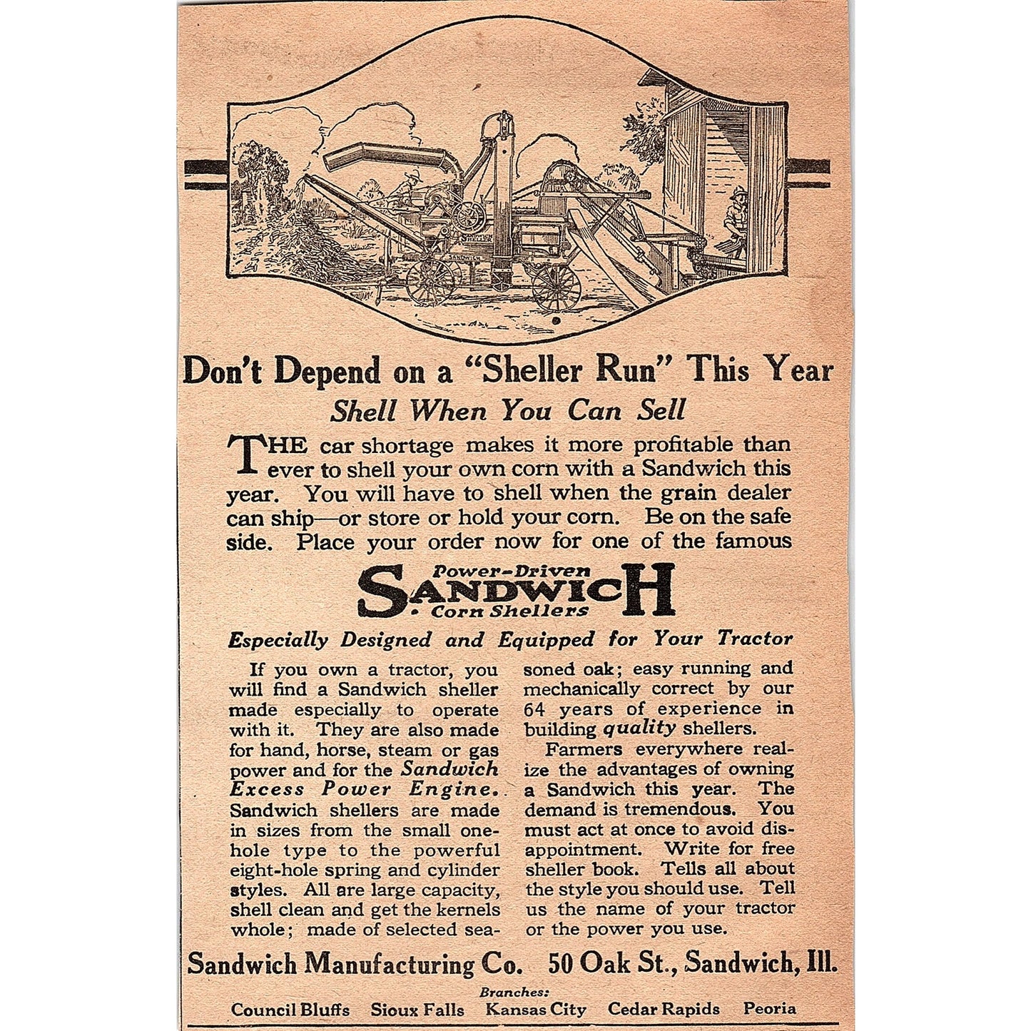 Power-Driven Sandwich Corn Shellers Sandwich Mfg Co Sandwich IL 1920 Ad AG2-6