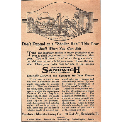 Power-Driven Sandwich Corn Shellers Sandwich Mfg Co Sandwich IL 1920 Ad AG2-6
