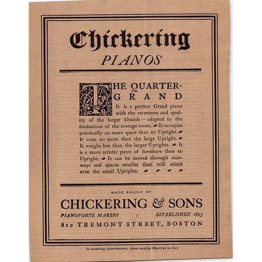 Chickering & Sons Quarter Grand Pianos Tremont St Boston - 1904 Ad AF5-6