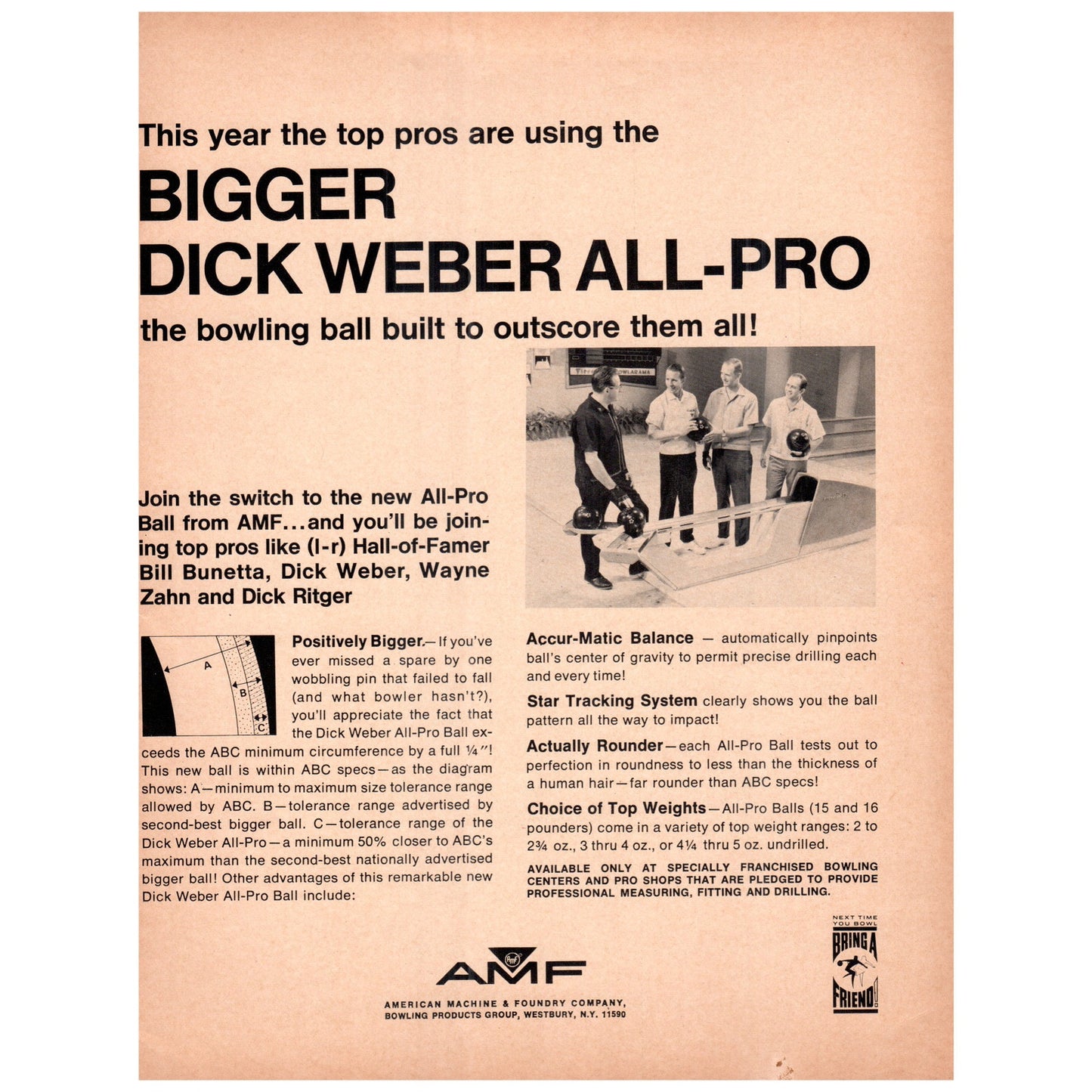 Bigger Dick Weber All-Pro Bowling Ball AMF 1969 Bowling Program Ad D25