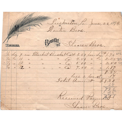 1894 Shearer Bros. Tuckerton PA Original Billhead Letterhead Receipt AE7