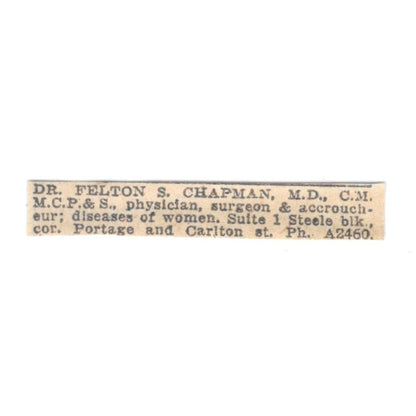 Dr Felton S Chapman Surgeon Portage & Carlton St Winnipeg 1920 Ad AG2-S14