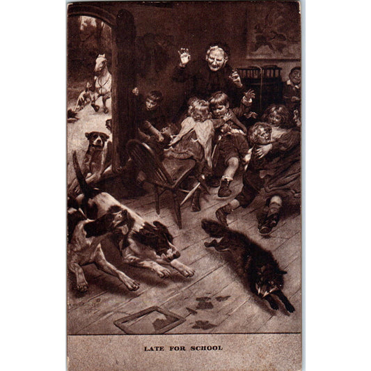Late For School Dogs Chasing Fox Humor Illustration 1908 Postcard PD2