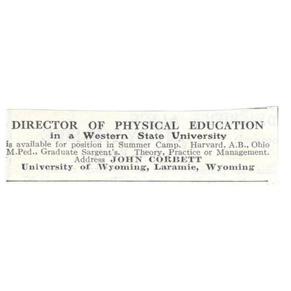 John Corbett Director of Physical Education Laramie WY c1918 Advert AE5-SA9