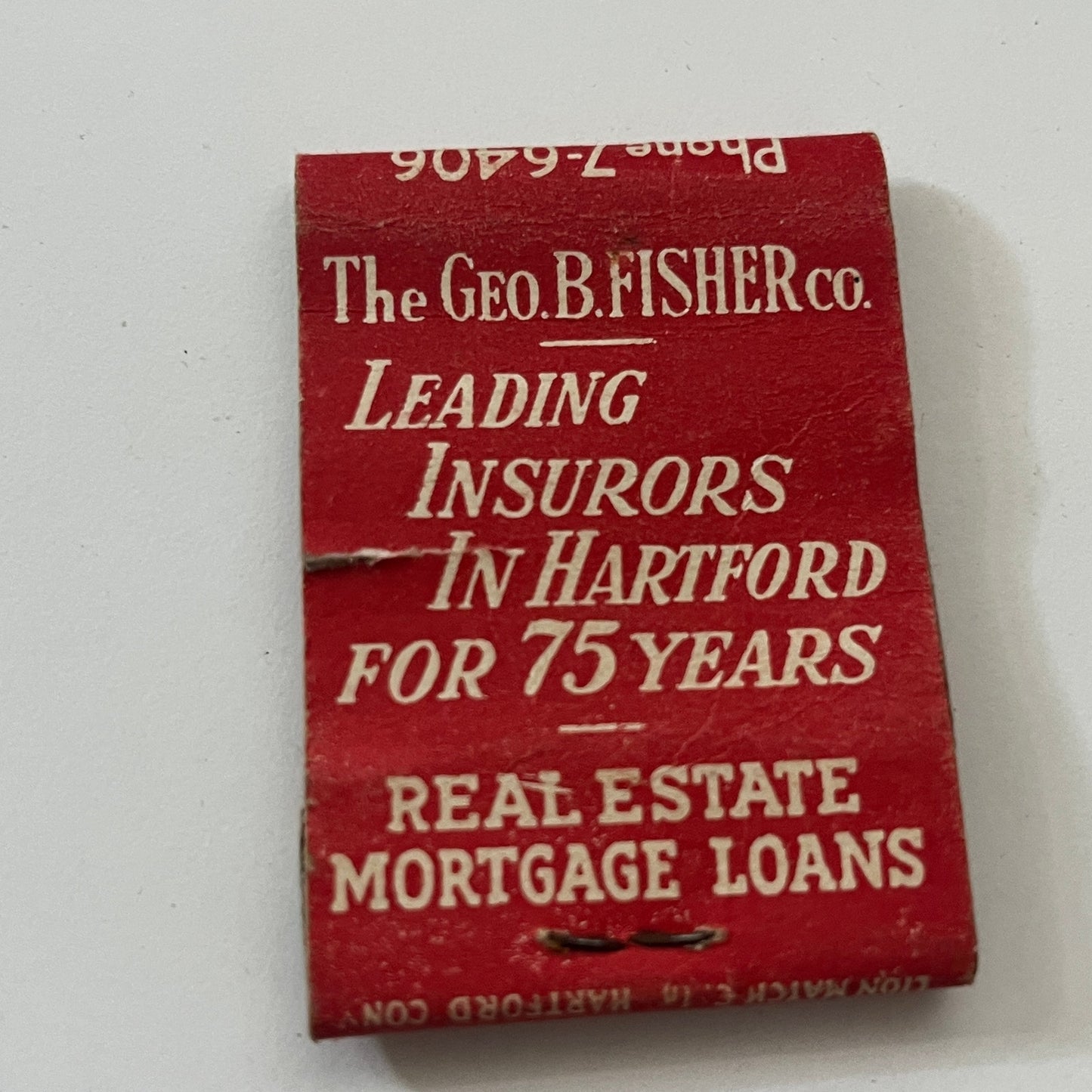 Geo. B. Fisher Co Real Estate Hartford CT Vintage Matchbook Cover TB8-MB-8