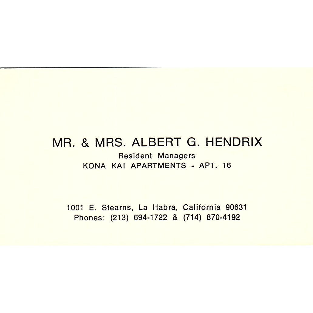 Albert G Hendrix Kona Kai Apartments La Habra CA Vintage Business Card SE3-B15