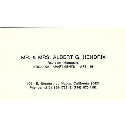 Albert G Hendrix Kona Kai Apartments La Habra CA Vintage Business Card SE3-B15
