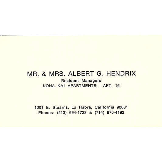 Albert G Hendrix Kona Kai Apartments La Habra CA Vintage Business Card SE3-B15
