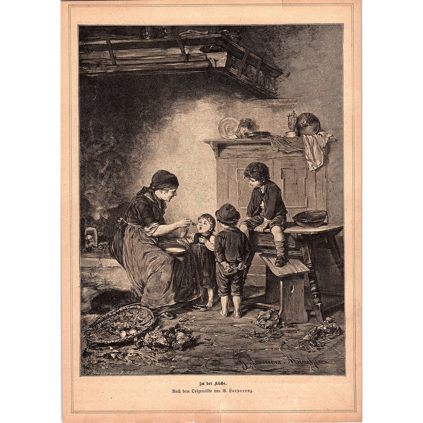 In der Küche - In the Kitchen Gustav Laeverenz 1892 Engraving V1-3