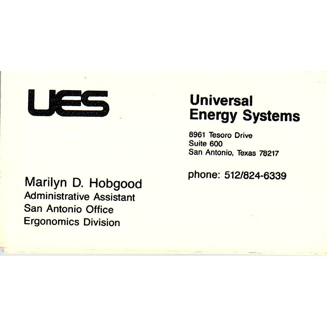 Marilyn D Hobgood Universal Energy Systems San Antonio Vtg Business Card SC9-B1
