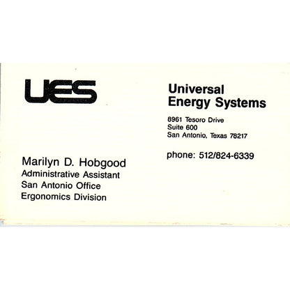 Marilyn D Hobgood Universal Energy Systems San Antonio Vtg Business Card SC9-B1