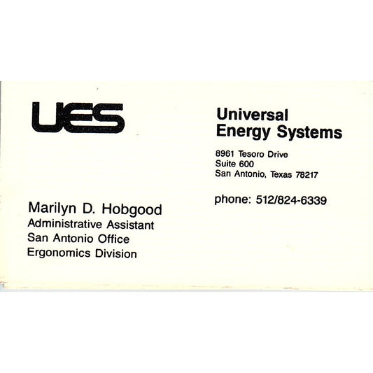 Marilyn D Hobgood Universal Energy Systems San Antonio Vtg Business Card SC9-B1