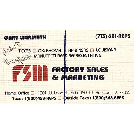 Gary Wermuth FSM Factory Sales & Marketing Houston Vintage Business Card SC9-B7