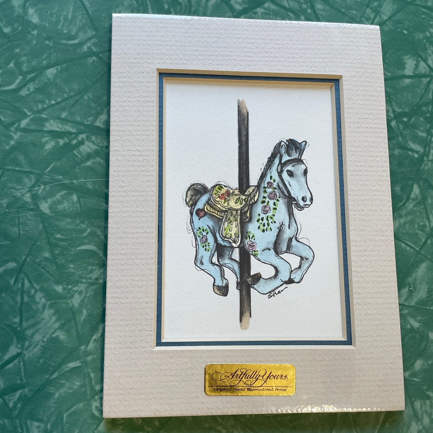 Blue Carousel Horse 5x7 Matted Print Hand Watercolor, Signed Shar Coulson