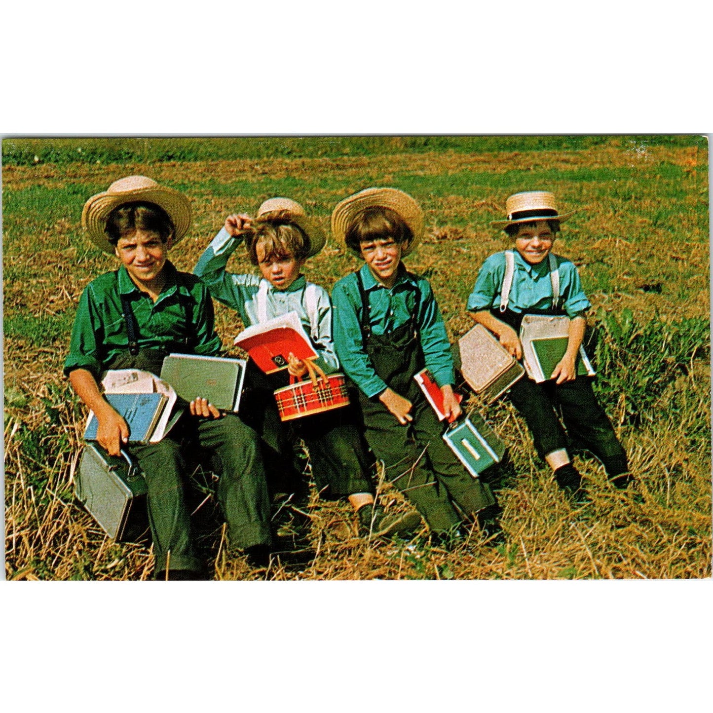 Amish School Boys With Lunch Pails Pennsylvania Dutch Country Postcard PD7