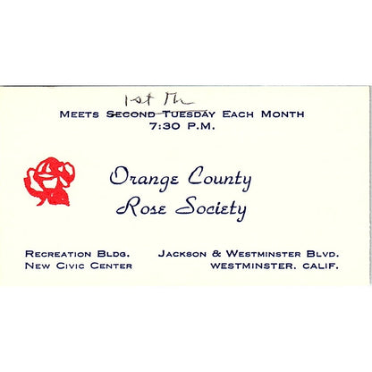 Orange County Rose Society Jackson Westminster, CA, Vintage Business Card SF3-B8
