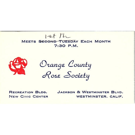 Orange County Rose Society Jackson Westminster, CA, Vintage Business Card SF3-B8
