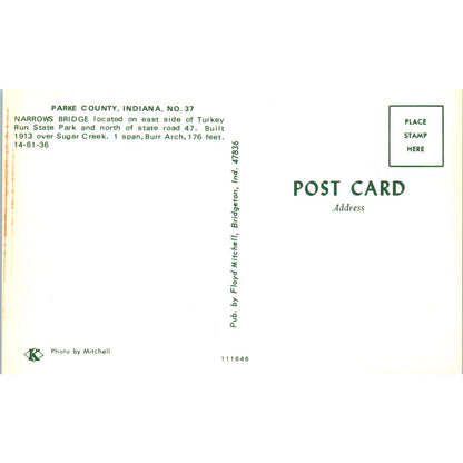 Parke County IN No 37 Narrows Bridge Vintage Covered Bridge Postcard PD1