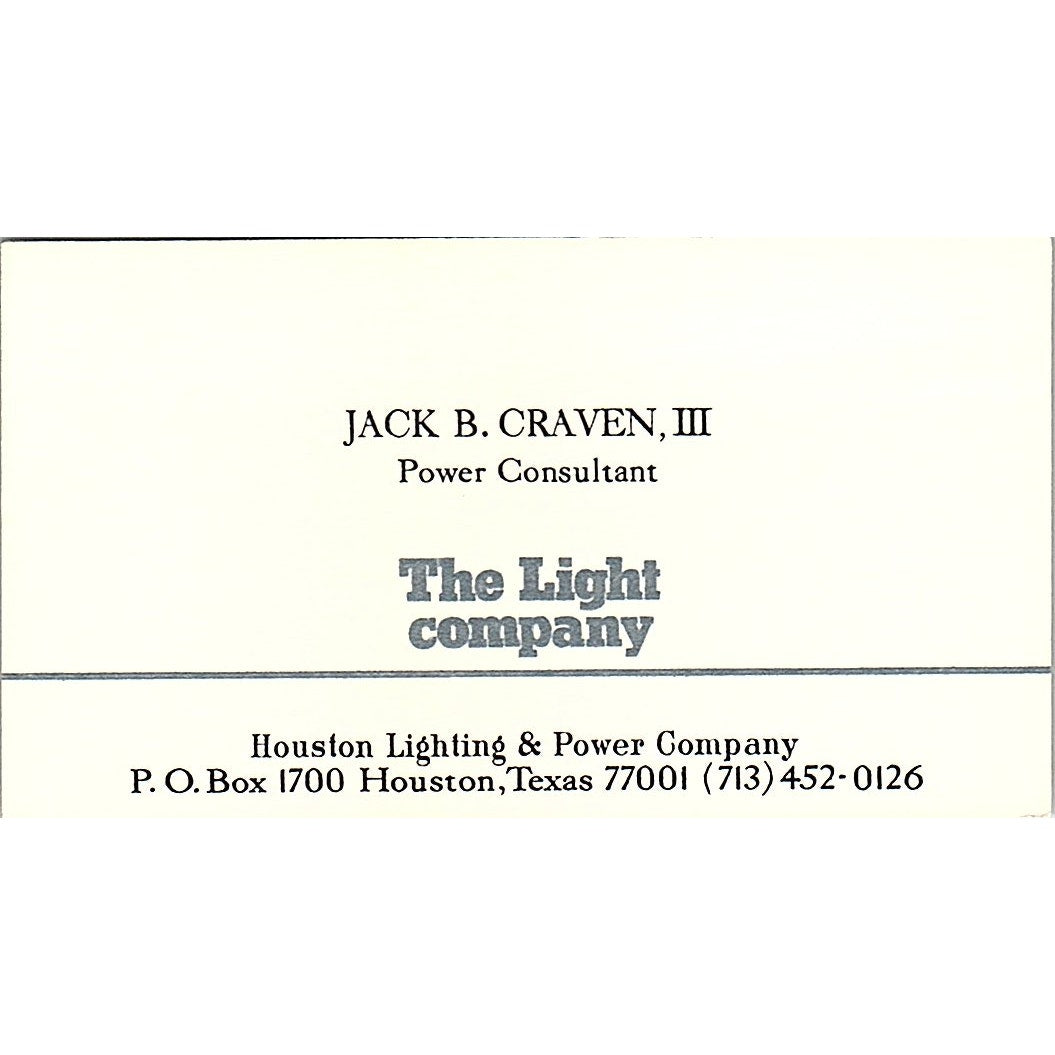 Jack B Craven III The Light Company Houston Vintage Business Card SC9-B13