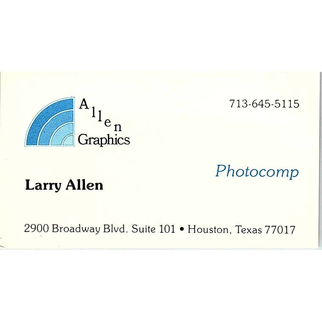 Allen Graphics Larry Allen Photocomp Houston Texas Vintage Business Card SF3-B3