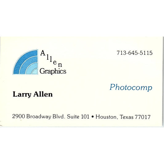 Allen Graphics Larry Allen Photocomp Houston Texas Vintage Business Card SF3-B3