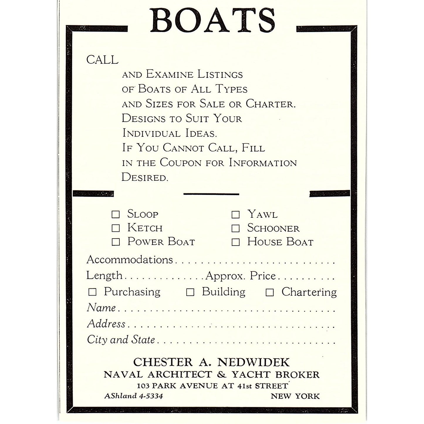 Chester A Nedwidek Naval Architect & Yacht Broker New York 1932 Ad AG2-M17