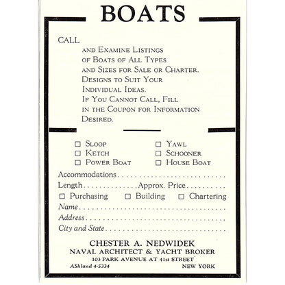 Chester A Nedwidek Naval Architect & Yacht Broker New York 1932 Ad AG2-M17