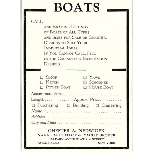 Chester A Nedwidek Naval Architect & Yacht Broker New York 1932 Ad AG2-M17