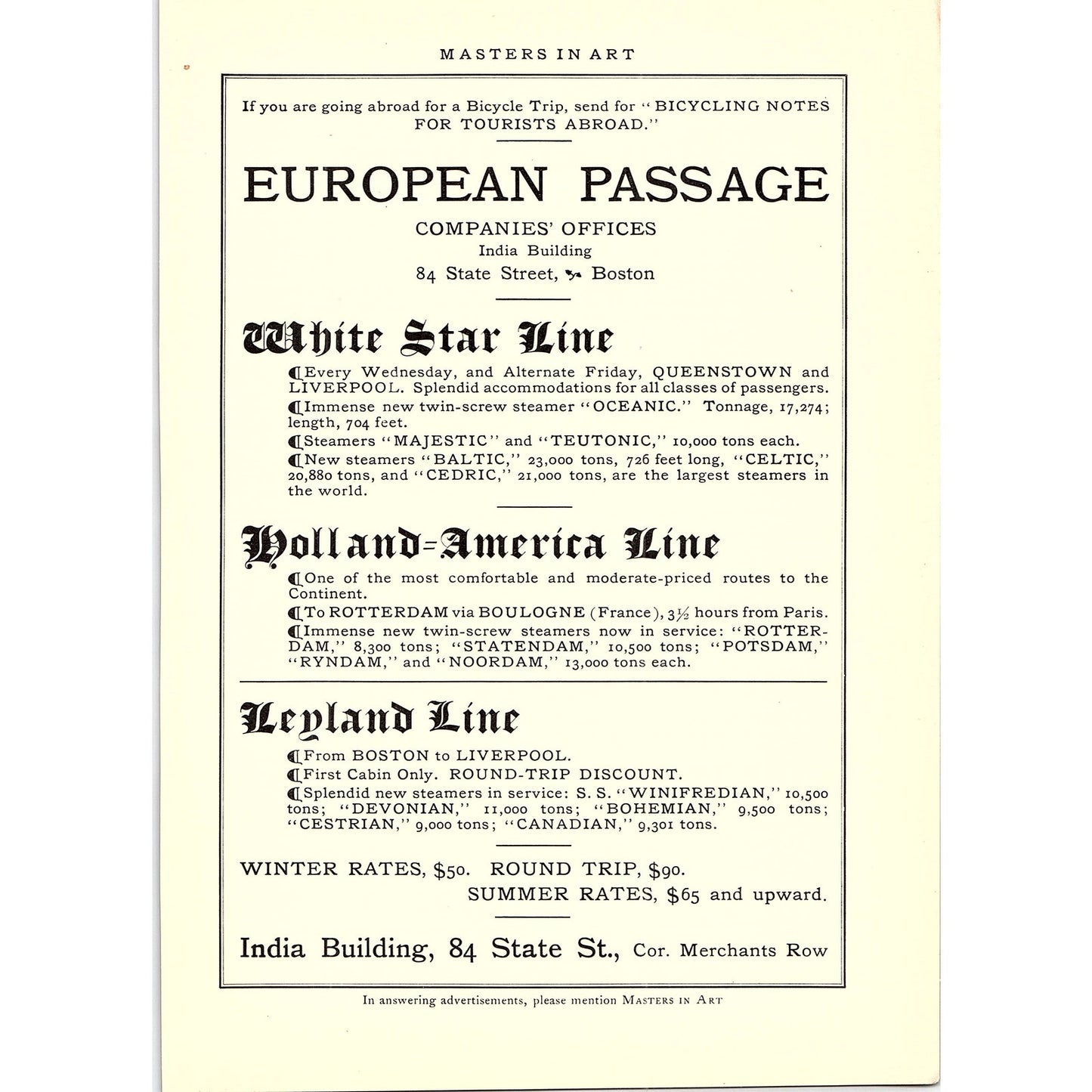 European Passage White Star, Holland-America & Leyland Line - 1904 Ad AF5-6