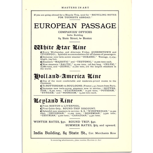 European Passage White Star, Holland-America & Leyland Line - 1904 Ad AF5-6