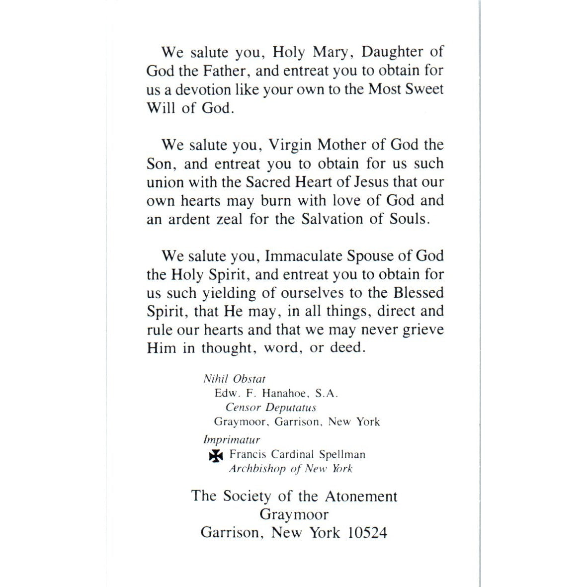 Our Lady of the Atonement Francis Cardinal Spellman Vintage Prayer Card TH2-PC1