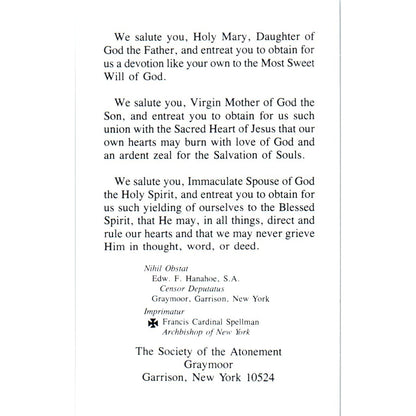 Our Lady of the Atonement Francis Cardinal Spellman Vintage Prayer Card TH2-PC1