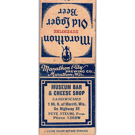 Museum Bar & Cheese Shop Pete Steuri Merrill WI Vintage Matchbook Cover SF3-Y3