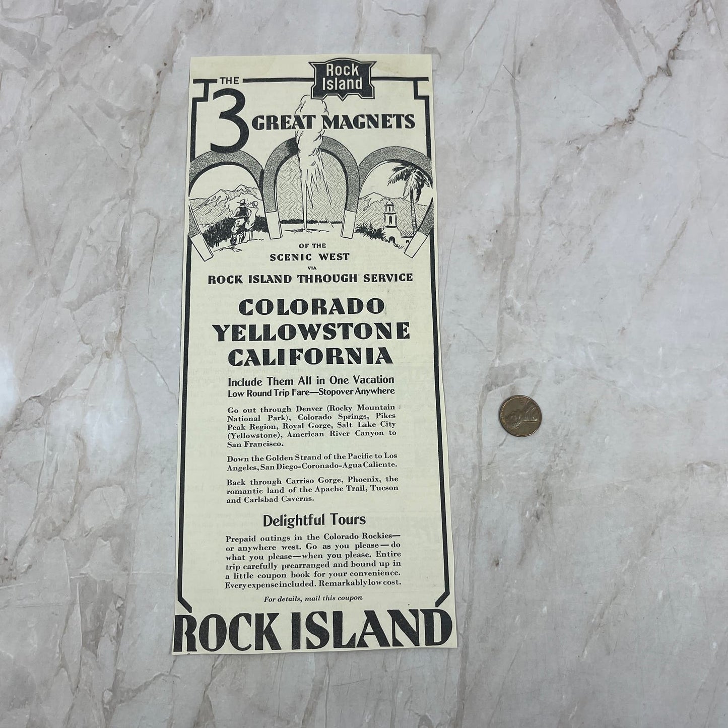 1937 Rock Island Railway CO CA Yellowstone 4.5x12 Magazine Advertisement FL6-6