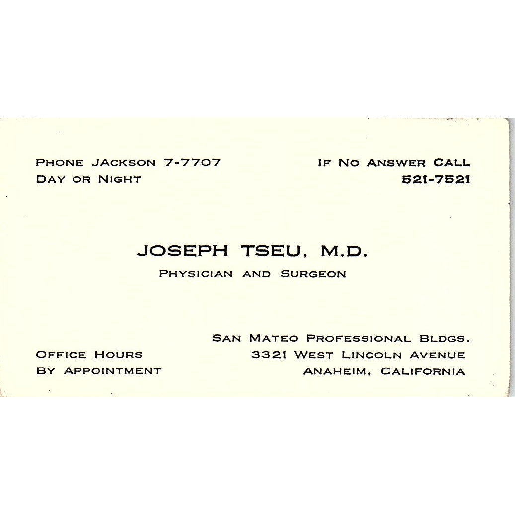 Physician & Surgeon, Joseph Tseu M.D., Anaheim, CA, Vintage Business Card SF3-B8