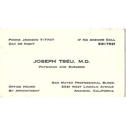 Physician & Surgeon, Joseph Tseu M.D., Anaheim, CA, Vintage Business Card SF3-B8