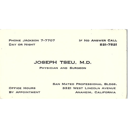 Physician & Surgeon, Joseph Tseu M.D., Anaheim, CA, Vintage Business Card SF3-B8