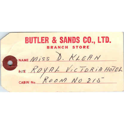 Vintage Butler & Sands Co., LTD Branch Store Hang Tag Miss D. Klean AE2