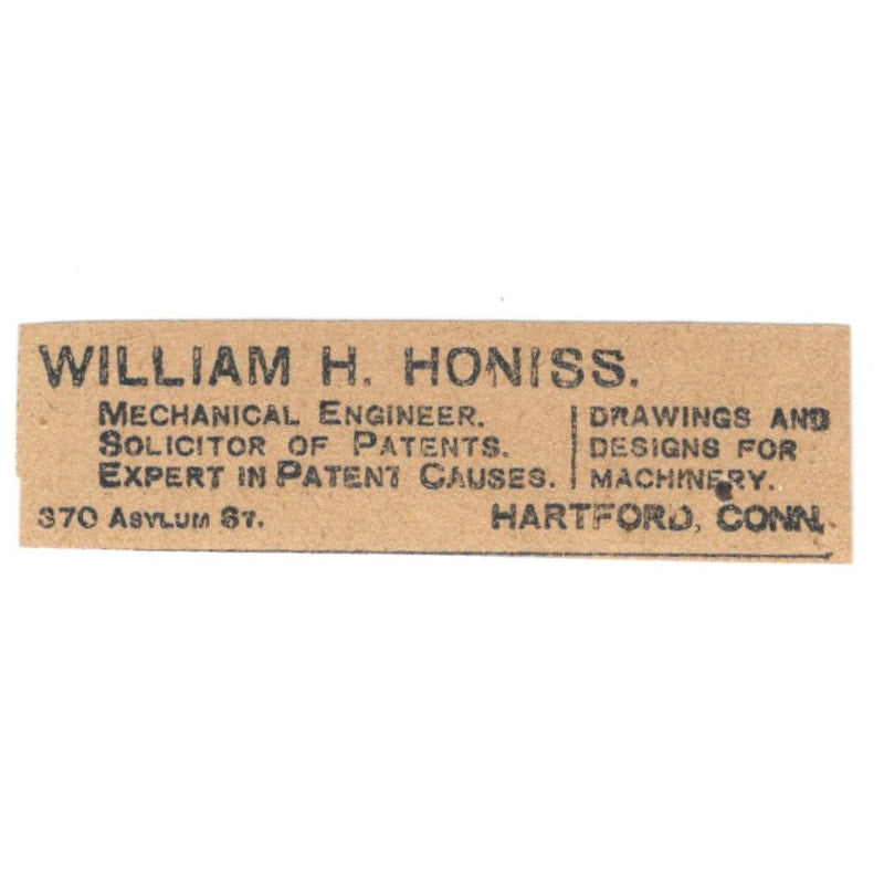 William H. Honiss Mechanical Engineer Hartford 1901 Newspaper Ad AD8-HS8