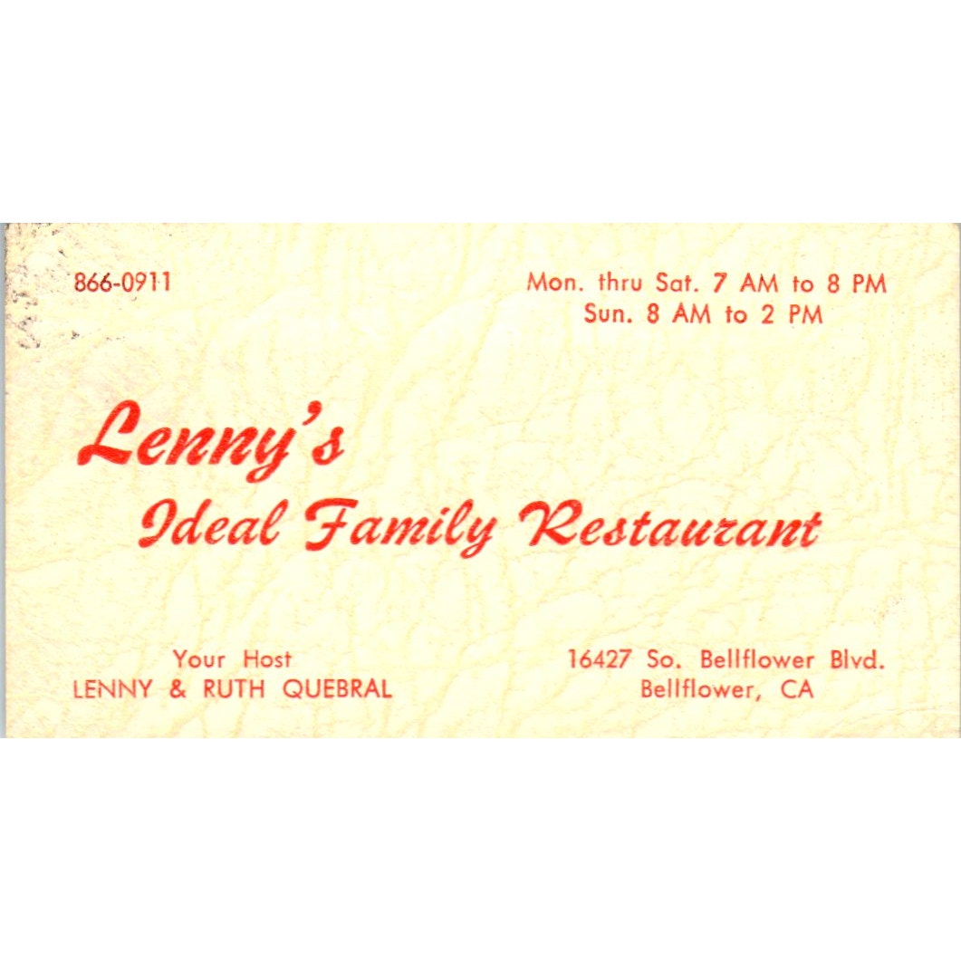 Lenny's Restaurant Lenny & Ruth Quebral Bellflower Vintage Business Card SD8-B7