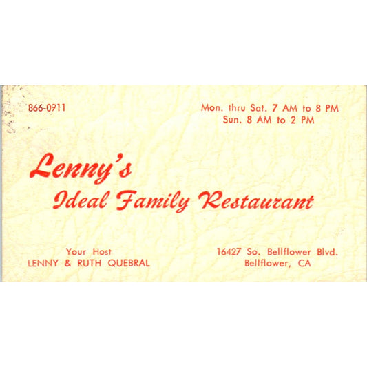 Lenny's Restaurant Lenny & Ruth Quebral Bellflower Vintage Business Card SD8-B7