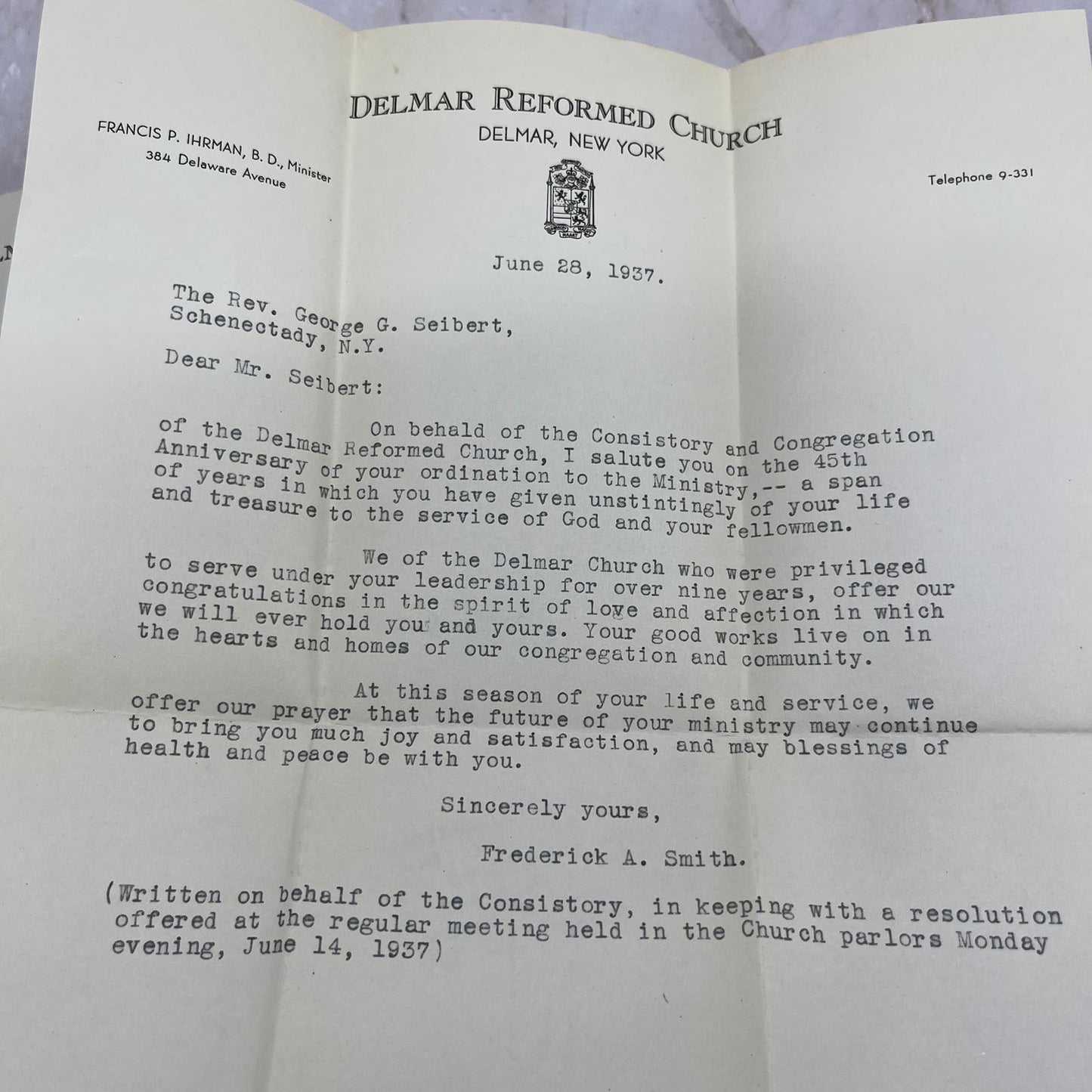 1937 Delmar Reformed Church Letter Rev. George G. Seibert Schenectady NY TG9-E1