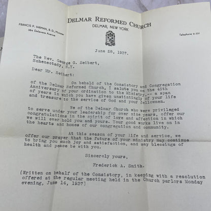 1937 Delmar Reformed Church Letter Rev. George G. Seibert Schenectady NY TG9-E1