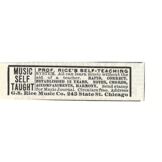 Music Self Taught G.S. Rice Music Co Chicago c1890 Victorian Ad AE9-CH3